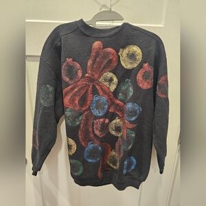 Vintage Chic Made in USA Black Christmas Sweatshirt Medium Glitter Ornaments Bow